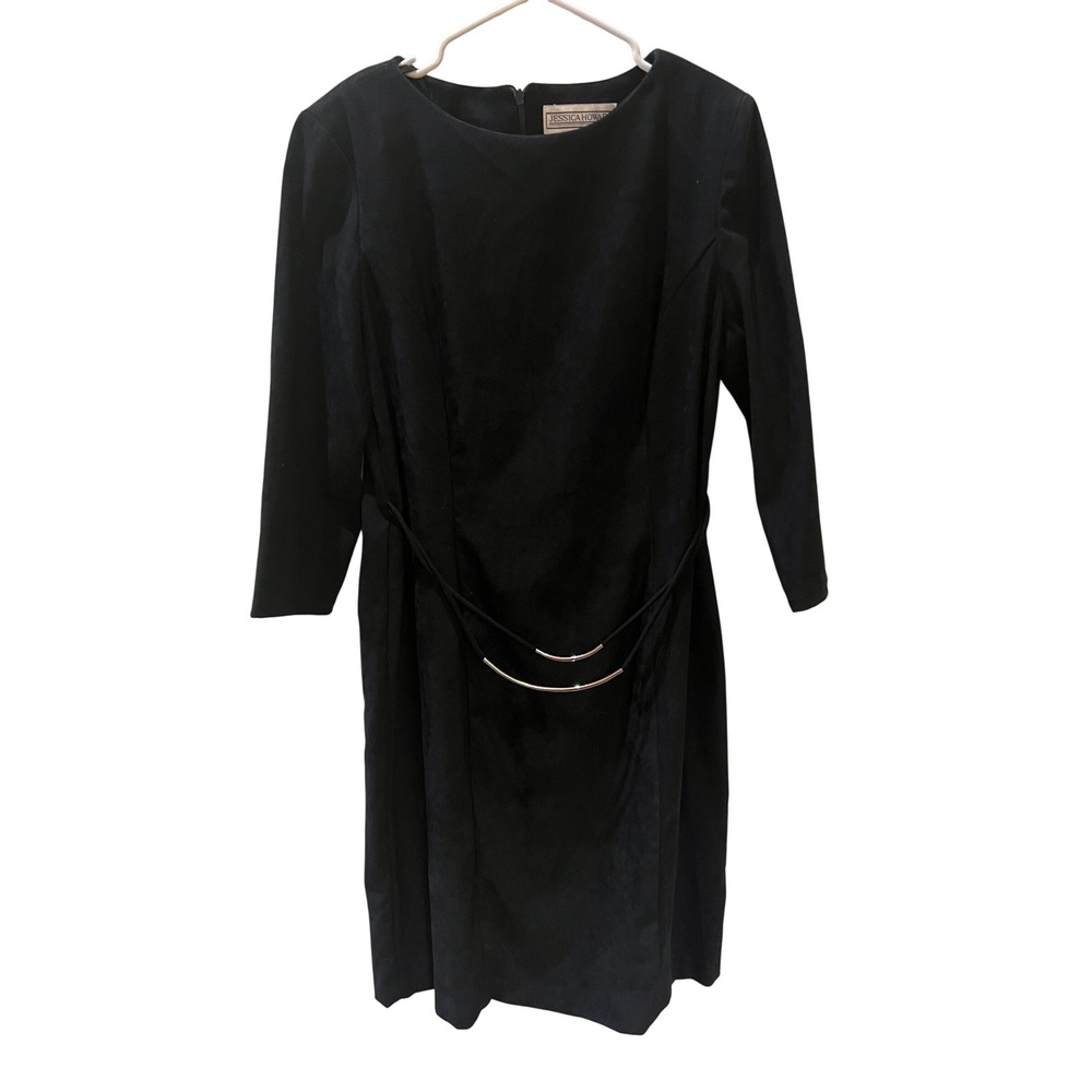 Jessica Howard Womens Black Faux Suede Sheath Dress 3/4 Sleeve Silver Detail 14